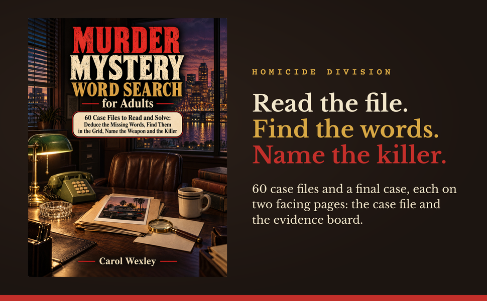 Cover of Murder Mystery Word Search for Adults, a puzzle book of 60 case files to solve.