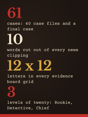 This murder mystery word search in numbers: 61 cases, ten blanks each, 12 by 12 grids.