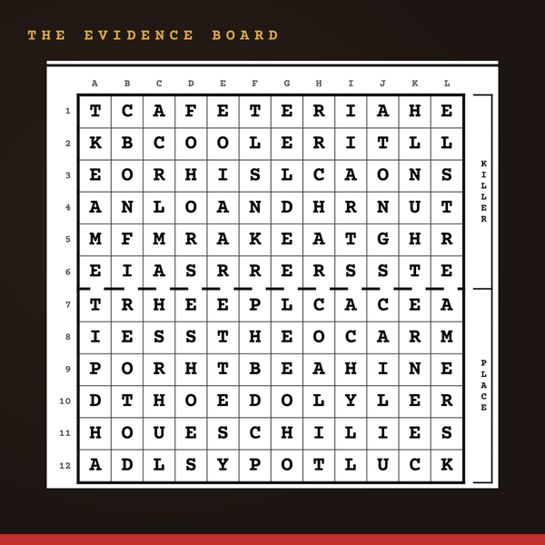 The 12 by 12 evidence board grid of case one in this murder mystery word search.