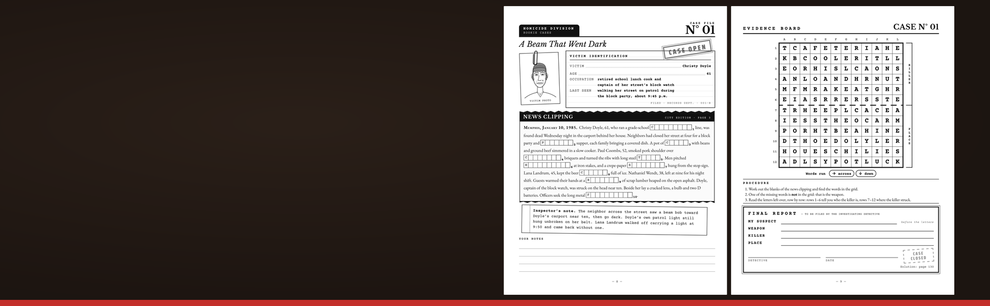 Case one of this murder mystery word search: the case file and the evidence board, side by side.