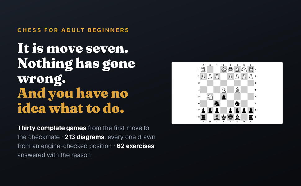 The Whole Game, chess for adult beginners: a diagram beside the words 'it is move seven'.