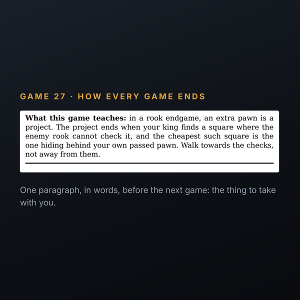 'What this game teaches', the closing lesson of Game 27, chess for adult beginners.