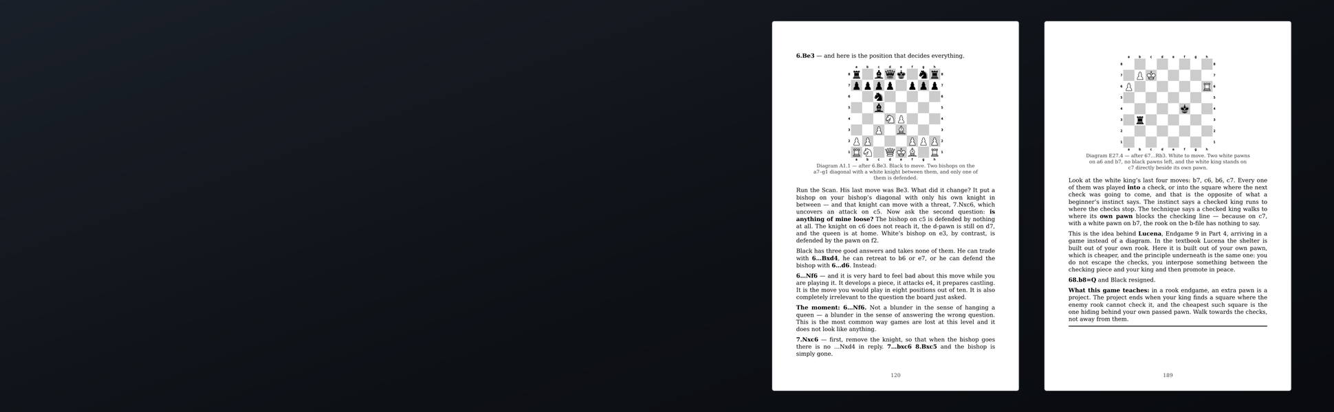 Two inside pages of The Whole Game: Game 1 and a rook endgame, chess for adults.