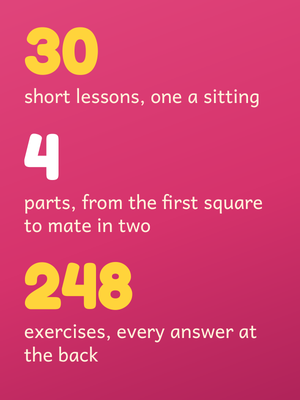 This chess workbook for kids in numbers: 30 lessons in four parts and 248 exercises.