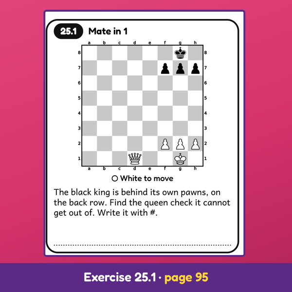 Exercise 25.1 of this chess workbook for kids: a Mate in 1 board with a line for the answer.