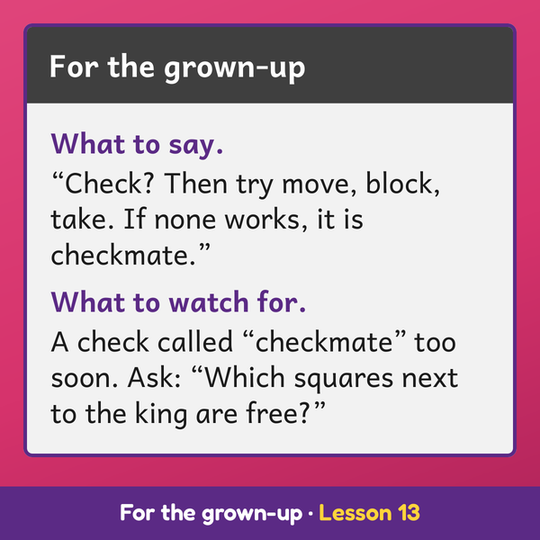 The For the grown-up box of Lesson 13 in this chess workbook for kids: what to say to a child.