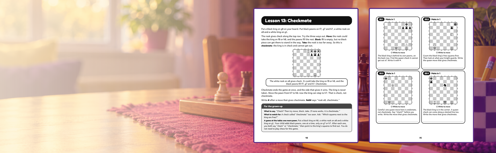 Two inside pages of this chess workbook for kids: Lesson 13 Checkmate and Mate in 1.