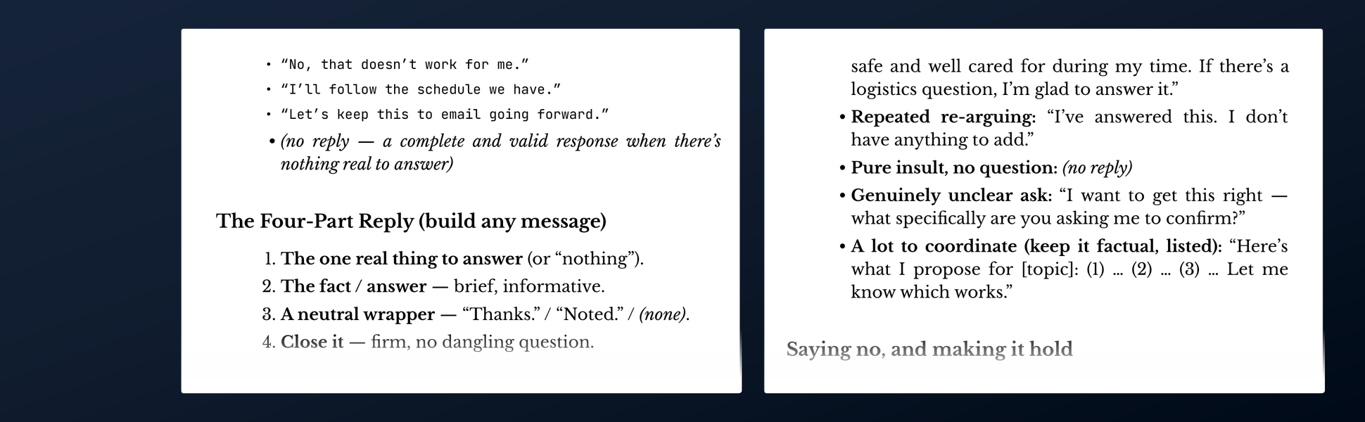 The upper half of two facing pages from the book's appendix of ready-to-send scripts.