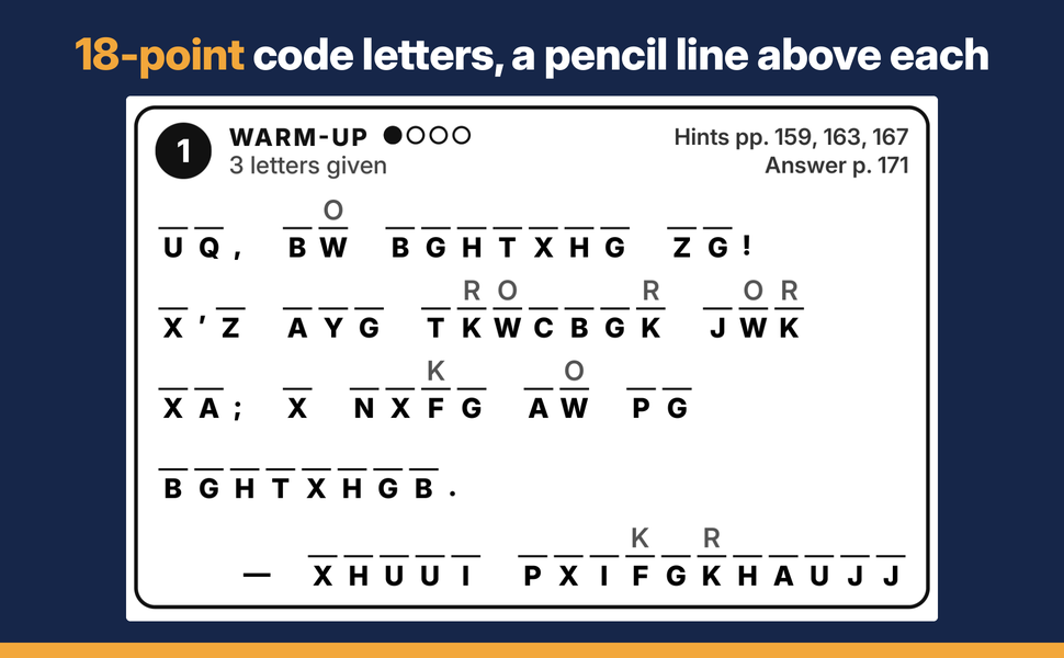Puzzle one of these large print cryptograms for seniors: bold code letters, a pencil line above.