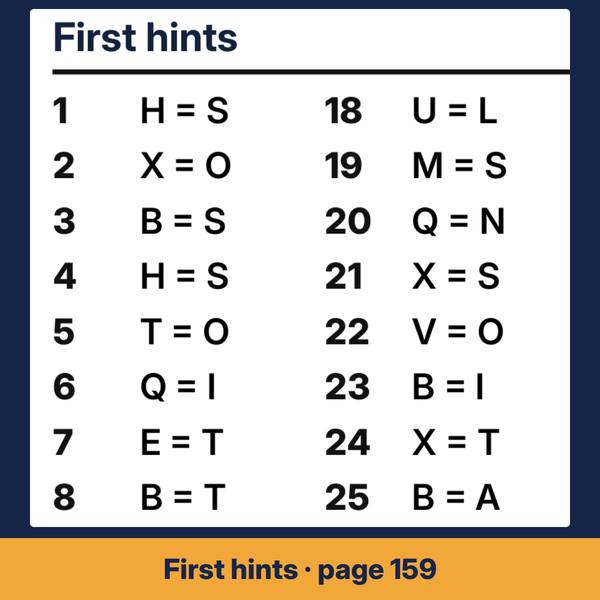 The first hints of this large print cryptogram book: one code letter and its letter per puzzle.