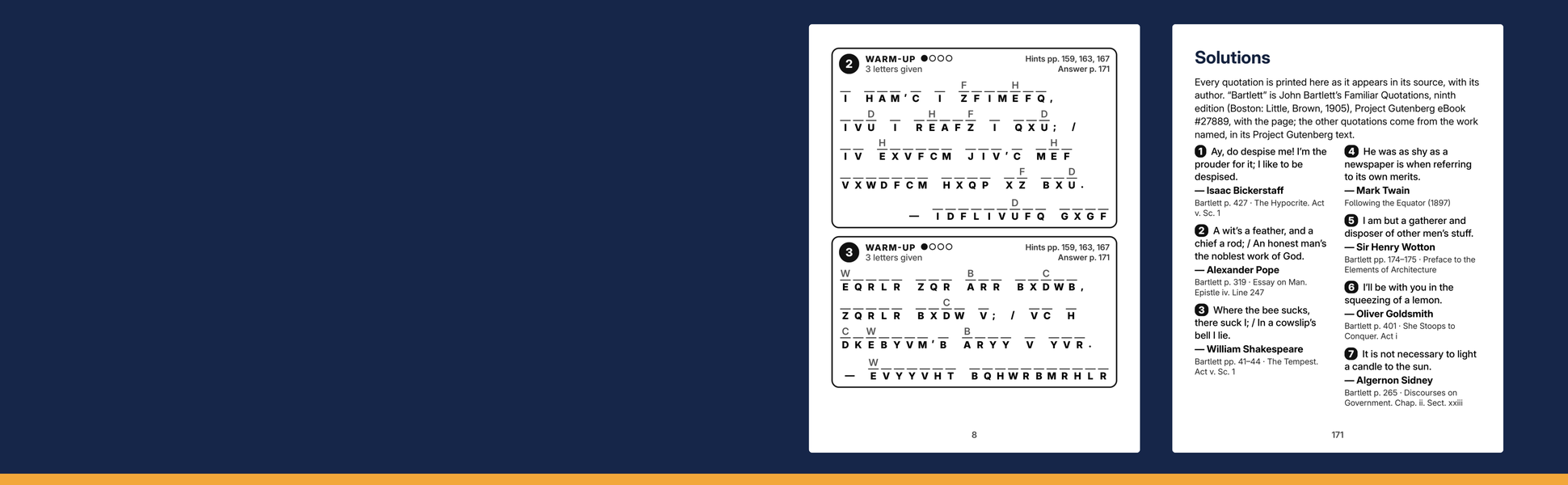 Two pages of this large print cryptogram book: puzzles two and three, and their solutions.
