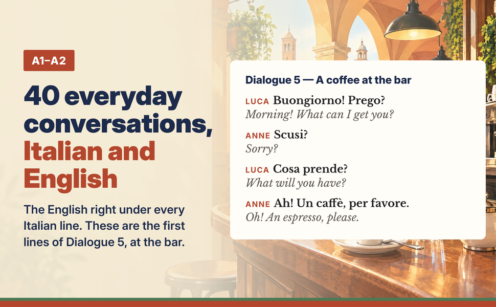 Italian dialogues for beginners: the first lines of Dialogue 5, Italian with the English under each.