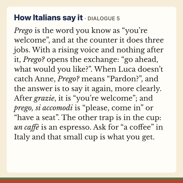 How Italians say it, from Dialogue 5 of this Italian conversations book: the note on prego.