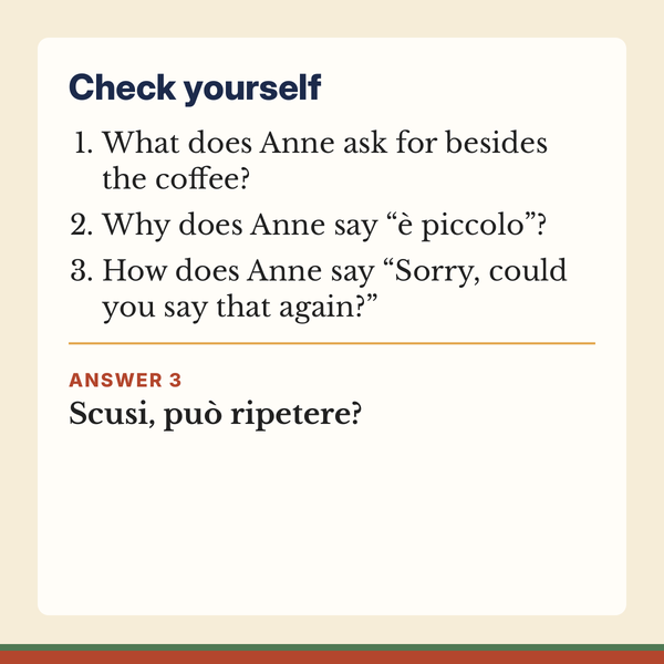 Check yourself, from Dialogue 5 of this Italian dialogues book: three questions and an answer.