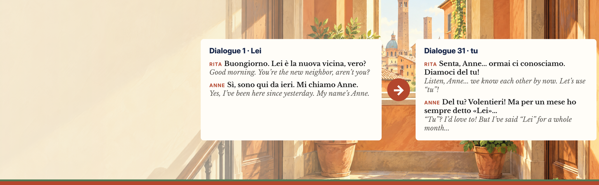 Italian conversations for beginners: Rita uses Lei in Dialogue 1 and offers tu in Dialogue 31.
