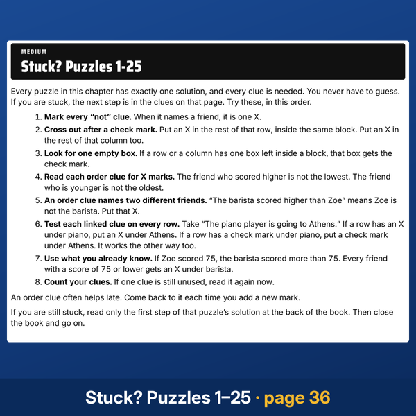 The Stuck? page for Puzzles 1-25 of this logic grid puzzle book: eight ways in, in order.