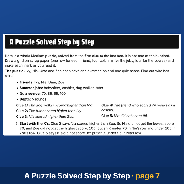 A logic grid puzzle solved step by step, from the first clue to the last box, in this teen book.
