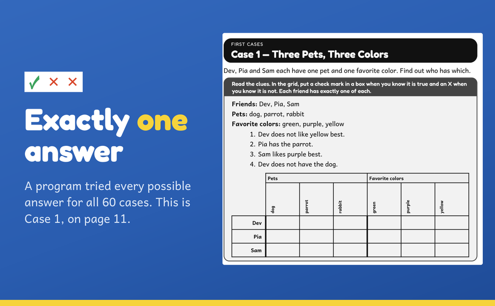 Case 1 of this logic grid puzzle book for kids: four clues and an empty grid to mark.