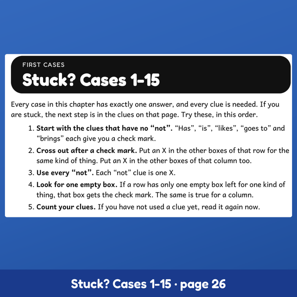 The Stuck? page of hints for Cases 1-15 of this logic grid puzzle book for kids.