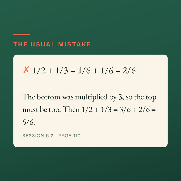 The usual mistake in this math workbook for adults: adding fractions without changing tops.