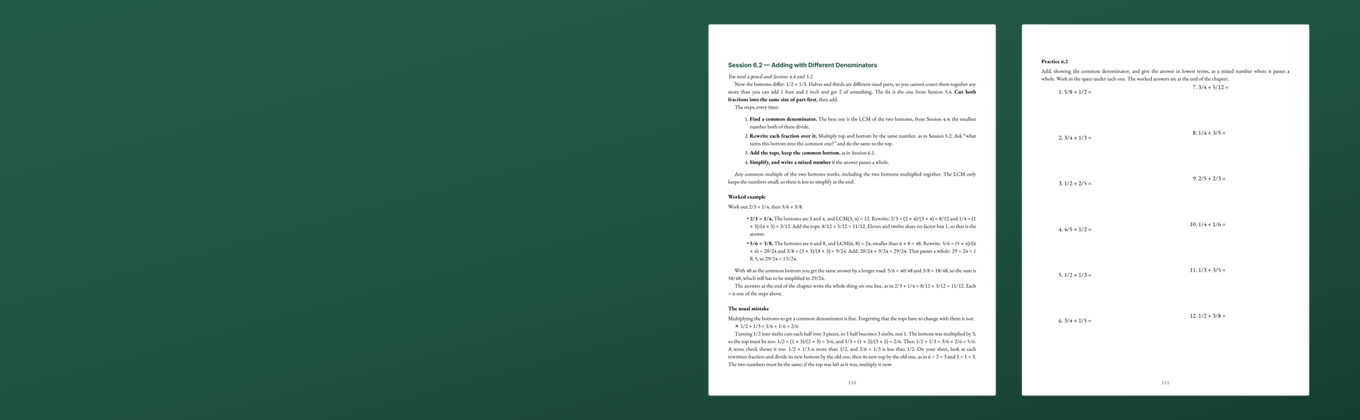 Two inside pages of Math Refresher for Adults: a session and its practice page.