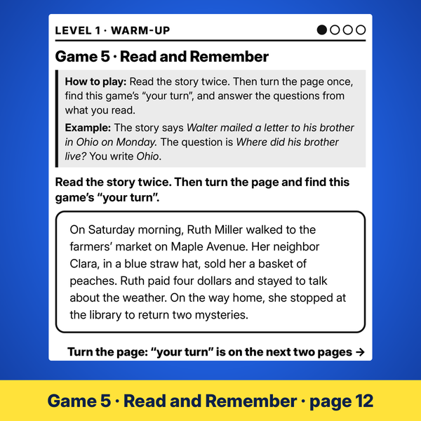 Game 5 of this memory game book for seniors: a short story in large print to read twice.