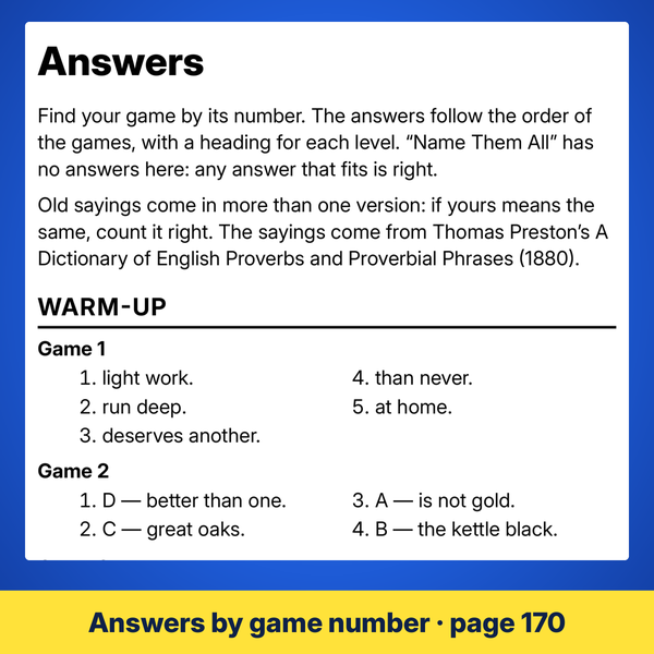 The answers page of this large print memory game book for seniors, listed by game number.