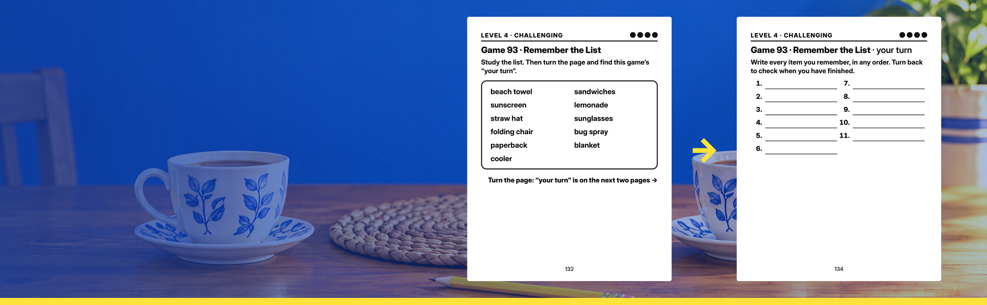 Game 93 of this large print memory game book: a list of eleven things, then the page to write them.