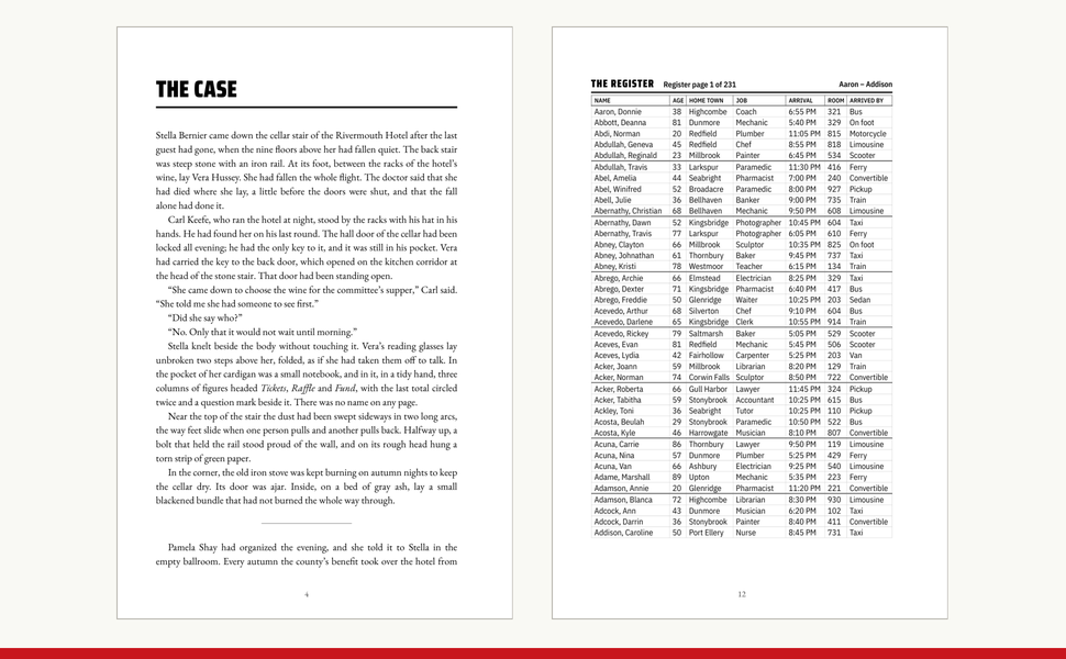 The opening of the case and a register page of this murder mystery puzzle book, side by side.