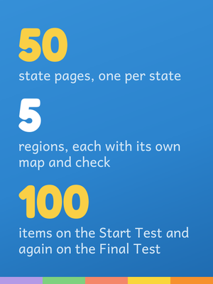 Learn All 50 States and Capitals in numbers: 50 state pages, five regions, 100 test items.
