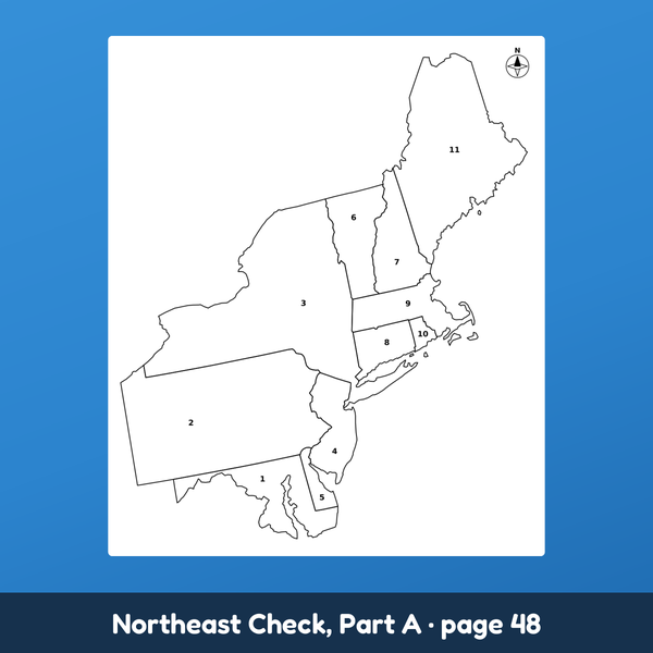 A numbered map of the Northeast states to label, from the region check of this workbook.