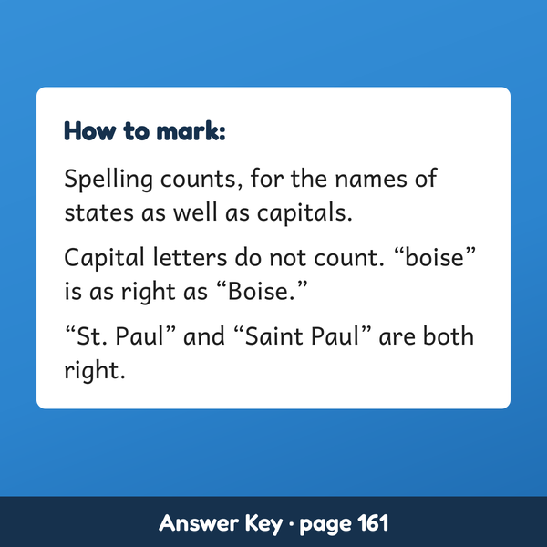 The marking rule of this states and capitals workbook: spelling counts, capital letters do not.