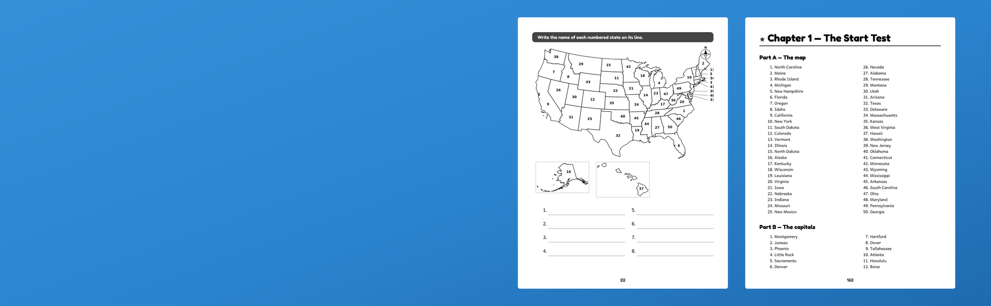 Two inside pages: the numbered map of the 50 states and its answer key, from this workbook.