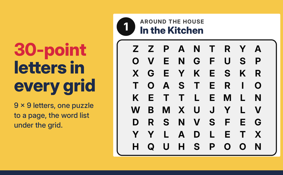Puzzle one of this large print word search for seniors: a grid in 30-point bold letters.
