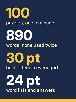This large print word search in numbers: 100 puzzles, 890 words, 30-point grids for seniors.