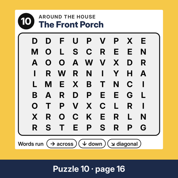 Puzzle ten of this large print word search for seniors, with words across, down, diagonal.