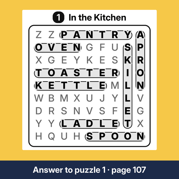 The answer to puzzle one of this large print word search, every word marked in the grid.