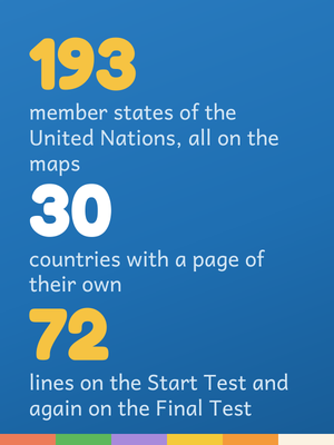 This world geography workbook in numbers: 193 countries on the maps, 30 country pages.