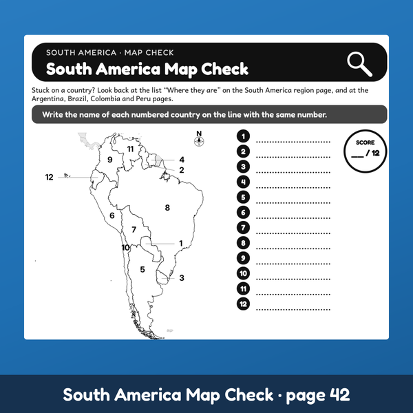 A numbered map of the countries of South America to label, from this geography workbook.