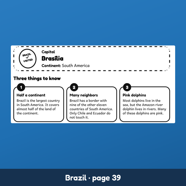The capital box and three things to know about Brazil, from this geography workbook.