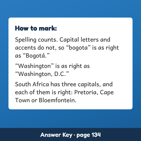 The marking rules for capitals in this world geography workbook: spelling counts.