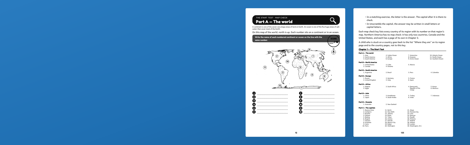 The numbered world map of the Start Test and its answer key, from this geography workbook.